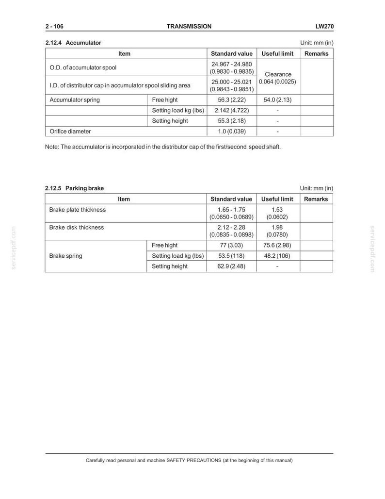 May include: A detailed technical document with tables and measurements in inches and millimeters. The document includes specifications for accumulator and parking brake components, such as spring height and orifice diameter. The text is in black font on a white background.