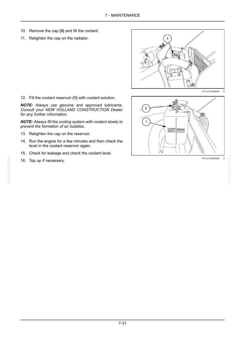 Puede incluir: Una p&aacute;gina de manual t&eacute;cnico titulada 7-MAINTENANCE que contiene instrucciones para llenar un radiador y un dep&oacute;sito de refrigerante. Incluye dos dibujos lineales en blanco y negro numerados 1, 2 y 3 que ilustran los componentes.