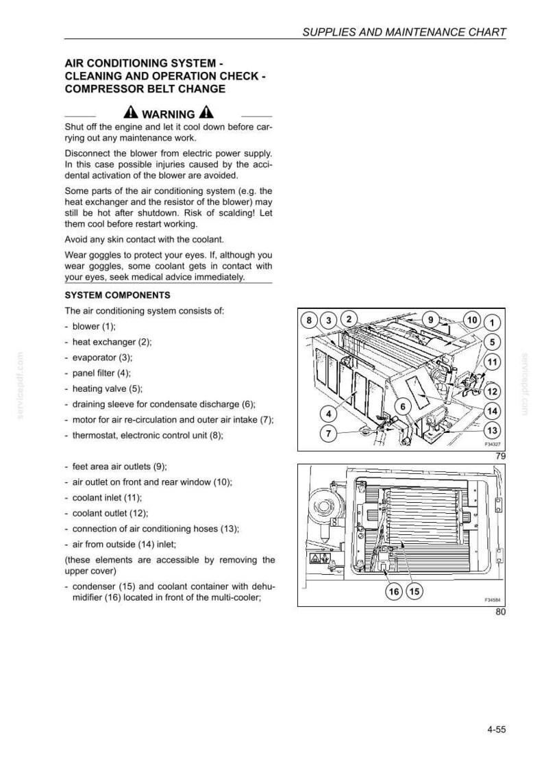 May include: A detailed diagram of an air conditioning system, including labeled components such as the blower, heat exchanger, and evaporator. The image also includes a warning section and a supplies and maintenance chart.