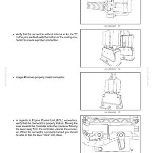 May include: Diagrams of electrical connectors and harnesses, with detailed illustrations of proper connections and locking mechanisms. Includes text instructions on verifying connections and identifying potential issues.
