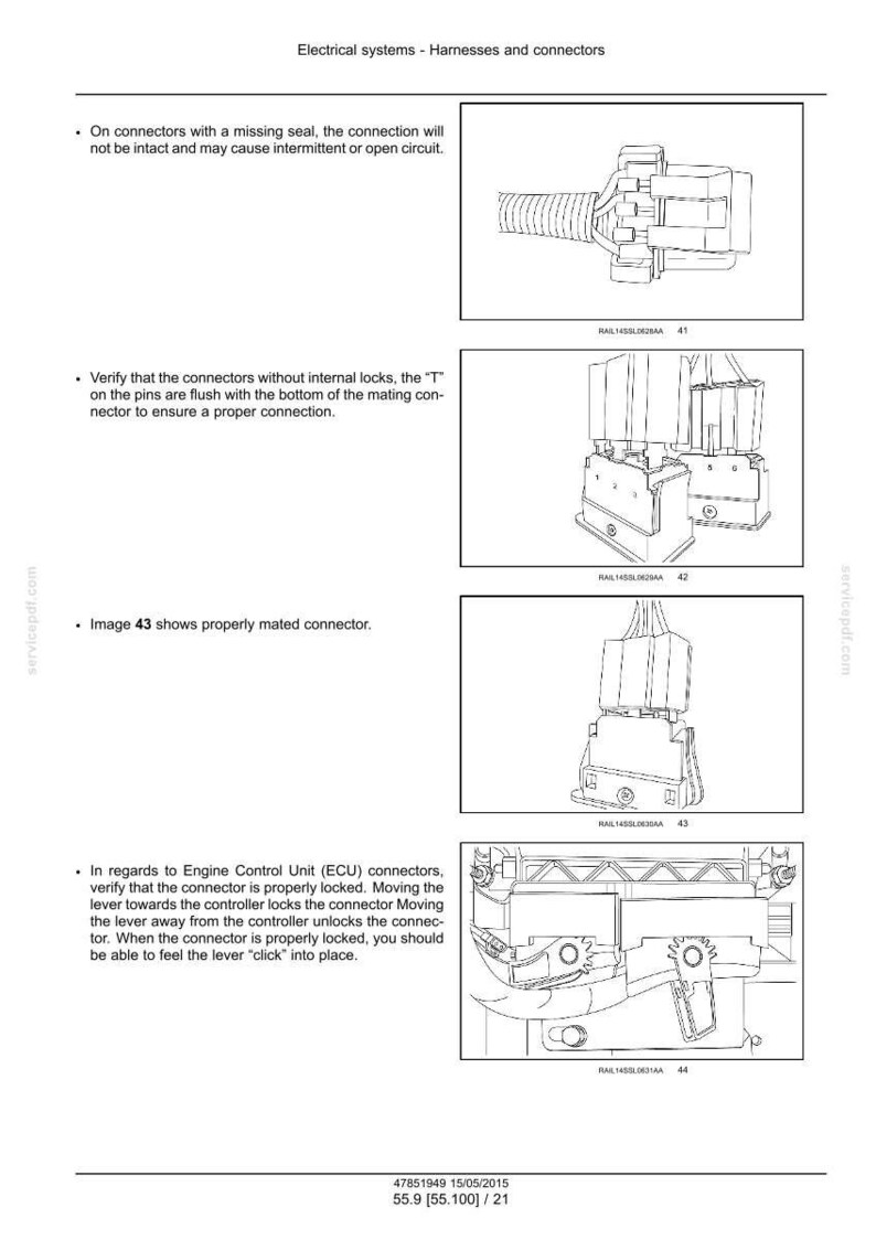 May include: Diagrams of electrical connectors and harnesses, with detailed illustrations of proper connections and locking mechanisms. Includes text instructions on verifying connections and identifying potential issues.