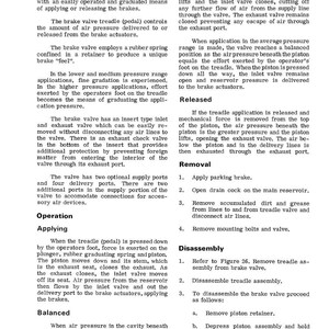 May include: Detailed diagram of a brake valve, a component of an air brake system. The text describes the valve's function, operation, and disassembly steps. Includes sections on applying, balancing, and releasing the brakes. Page 72-37.