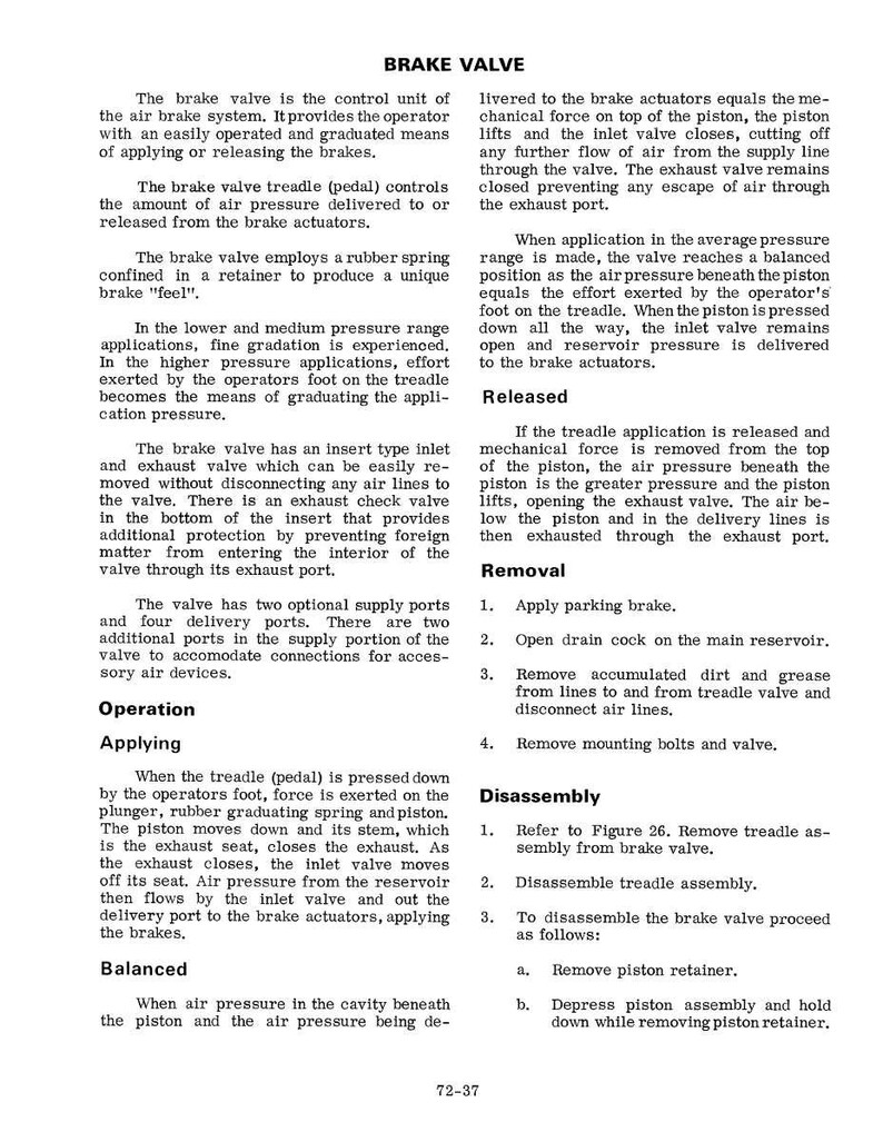 May include: Detailed diagram of a brake valve, a component of an air brake system. The text describes the valve's function, operation, and disassembly steps. Includes sections on applying, balancing, and releasing the brakes. Page 72-37.