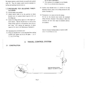 May include: A technical document page titled 1.2 FUNCTION and 2. TRAVEL CONTROL SYSTEM, featuring text instructions for adjusting a throttle lever and a diagram labeled Fig. 2 showing a control cable system with a minimum bending radius of 7.9 inches.