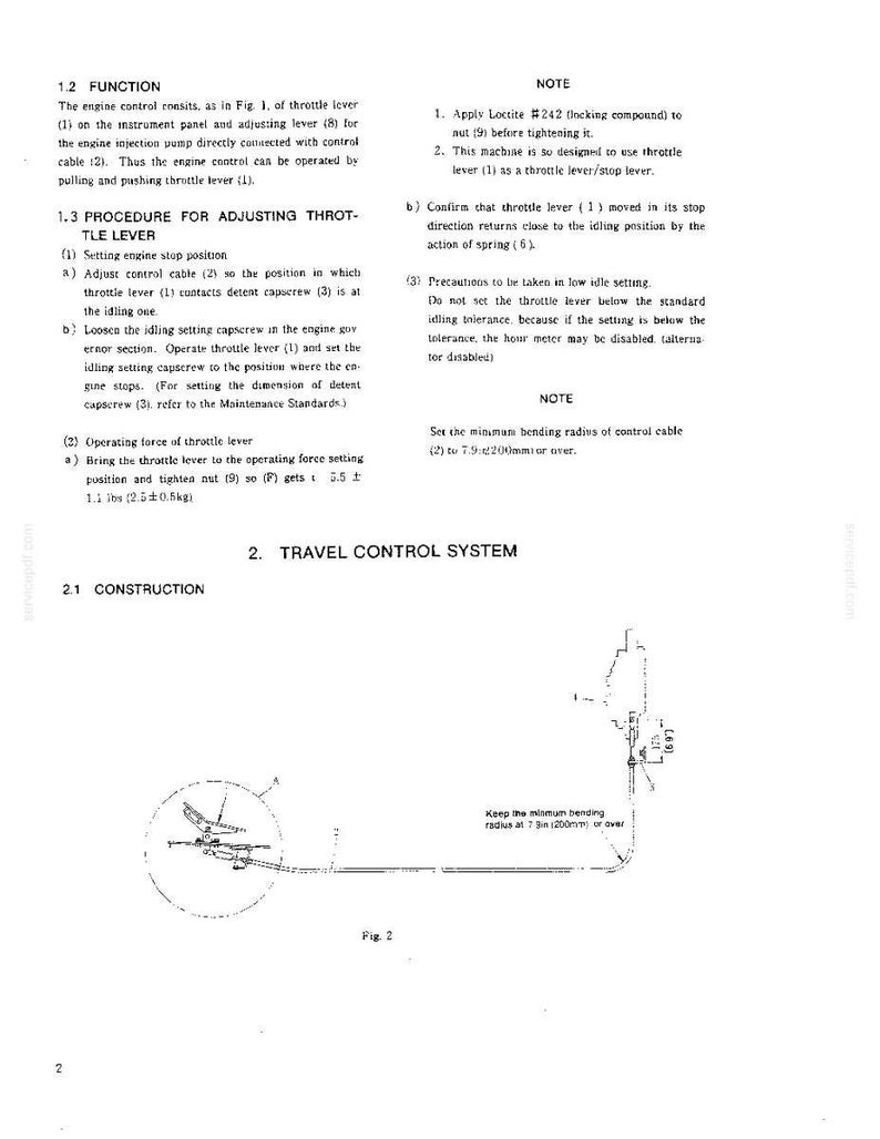 May include: A technical document page titled 1.2 FUNCTION and 2. TRAVEL CONTROL SYSTEM, featuring text instructions for adjusting a throttle lever and a diagram labeled Fig. 2 showing a control cable system with a minimum bending radius of 7.9 inches.