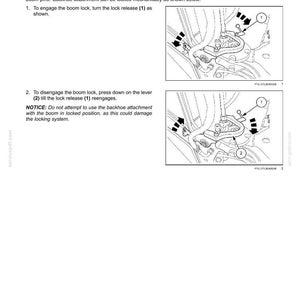 Op de afbeelding: Diagram met instructies voor het vergrendelen of ontgrendelen van de graafmachine-aanbouw. De afbeelding toont gedetailleerde mechanische tekeningen met genummerde labels en pijlen, vergezeld van instructietekst. De tekst legt de stappen uit voor het in- en uitschakelen van de giekvergrendeling.