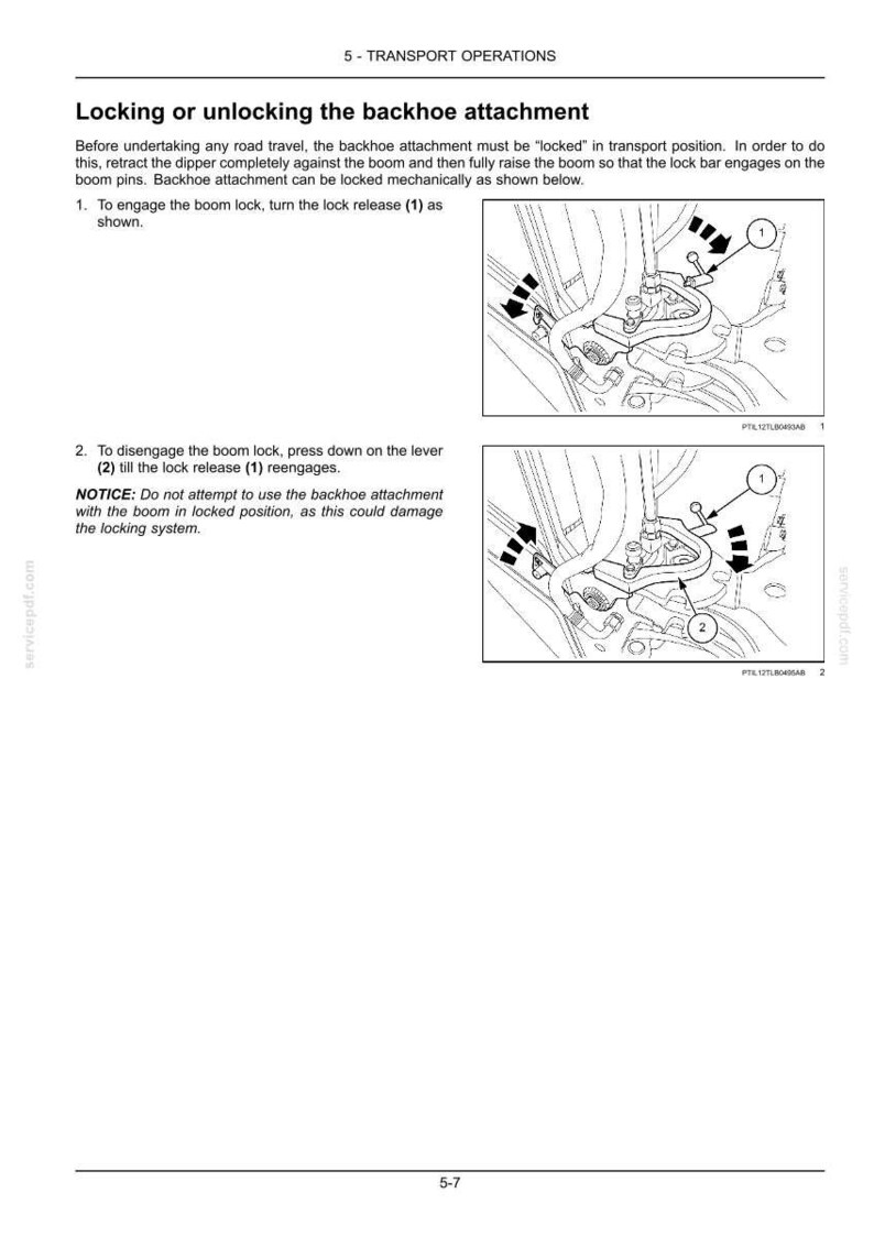 Op de afbeelding: Diagram met instructies voor het vergrendelen of ontgrendelen van de graafmachine-aanbouw. De afbeelding toont gedetailleerde mechanische tekeningen met genummerde labels en pijlen, vergezeld van instructietekst. De tekst legt de stappen uit voor het in- en uitschakelen van de giekvergrendeling.