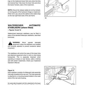 May include: A technical manual page titled ACCESSORIES SECTION 7 featuring black and white line drawings labeled Figure 14 and Figure 15. The diagrams illustrate tractor hydraulic linkage components, including release cables, latches, and telescopic stabilisers.