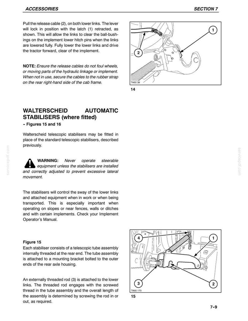 May include: A technical manual page titled ACCESSORIES SECTION 7 featuring black and white line drawings labeled Figure 14 and Figure 15. The diagrams illustrate tractor hydraulic linkage components, including release cables, latches, and telescopic stabilisers.