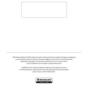 May include: A white document page featuring the text Dealer's stamp above an empty rectangular box. Below, a paragraph states CNH Industrial Osterreich GmbH reserves the right to make improvements. The New Holland Agriculture logo is centered at the bottom.