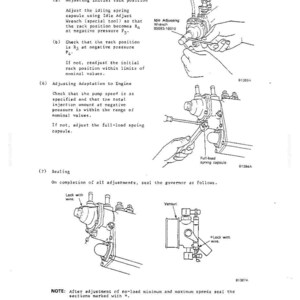 May include: A technical manual page detailing the adjustment of an idling spring capsule and adaptation to an engine. The document includes line drawings of a fuel injection pump, an idle adjusting wrench 95093-10010, and sealing instructions.
