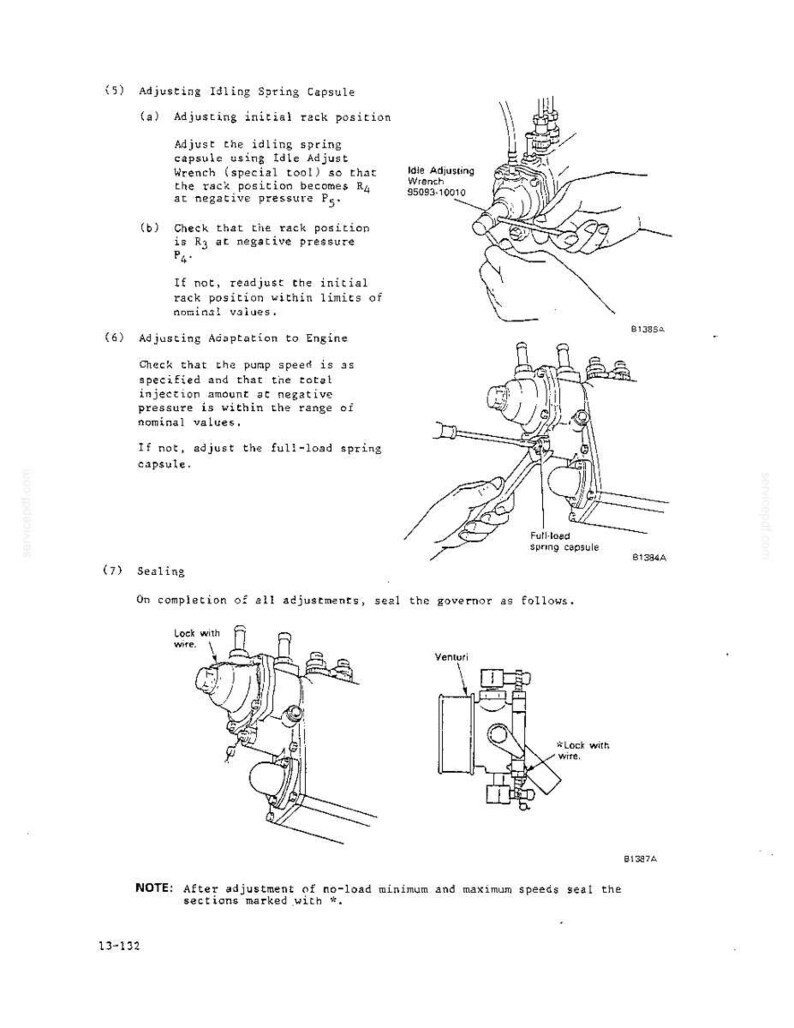 May include: A technical manual page detailing the adjustment of an idling spring capsule and adaptation to an engine. The document includes line drawings of a fuel injection pump, an idle adjusting wrench 95093-10010, and sealing instructions.