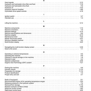 May include: A detailed table of contents from a manual, with various sections and page numbers. The text is in black against a white background, organized alphabetically, covering topics like machine operation, maintenance, and safety procedures.