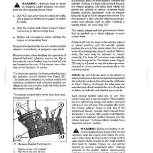 Pu&ograve; includere: Una pagina di manuale tecnico intitolata CONTROLS, INSTRUMENTS AND OPERATION che descrive le valvole di controllo remoto. Include istruzioni testuali, avvertenze sul fluido idraulico e un diagramma etichettato con il numero 27.