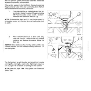 May include: A technical manual page titled DRAIN FUEL SYSTEM WATER SEPARATOR, featuring black and white line drawings of a fuel filter assembly with numbered components 1 and 2, instructional text, and a warning symbol indicating a quarter turn.