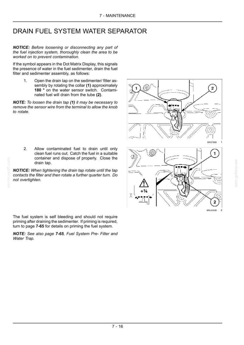 May include: A technical manual page titled DRAIN FUEL SYSTEM WATER SEPARATOR, featuring black and white line drawings of a fuel filter assembly with numbered components 1 and 2, instructional text, and a warning symbol indicating a quarter turn.