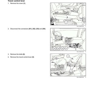 May include: Diagram illustrating the removal of cab controls, including the right-hand side arm rest and travel control lever. The image shows step-by-step instructions with numbered labels and connector details.