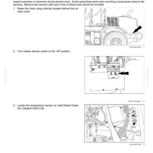 May include: Diagram of an electrical system with instructions for removing a temperature sensor. The image includes detailed illustrations of a vehicle's components, with arrows pointing to specific parts. Text provides step-by-step guidance.