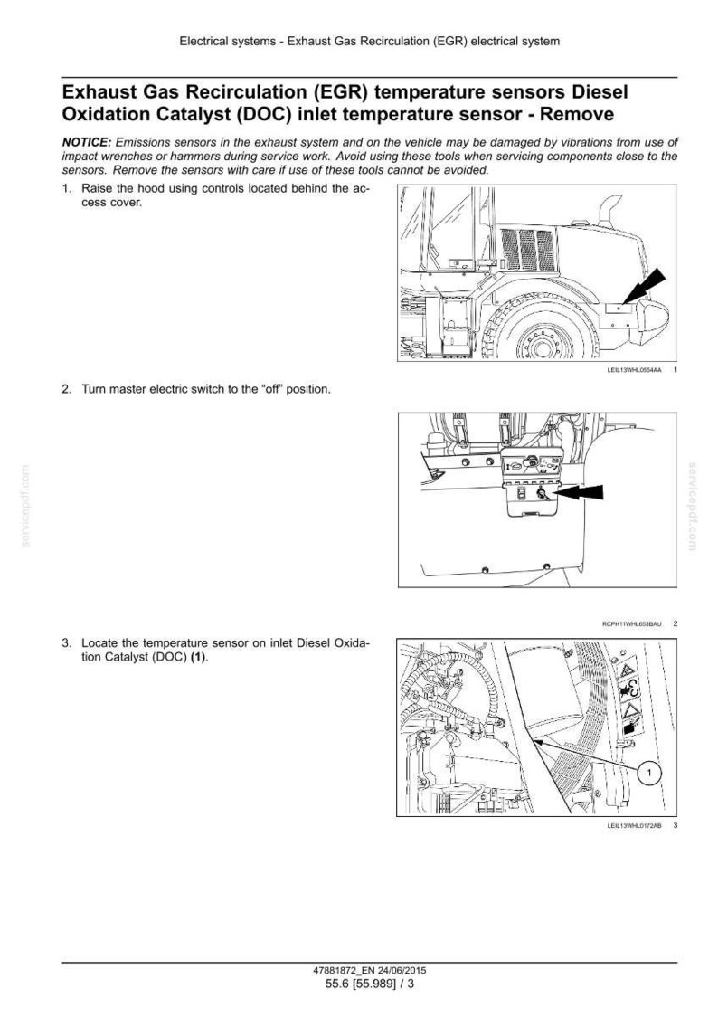 May include: Diagram of an electrical system with instructions for removing a temperature sensor. The image includes detailed illustrations of a vehicle's components, with arrows pointing to specific parts. Text provides step-by-step guidance.