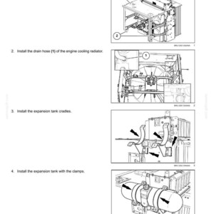 May include: Diagram of an engine cooling system expansion tank installation. The image shows step-by-step instructions with illustrations, including installing the cover, drain hose, cradles, and tank with clamps. Text includes "Expansion tank - Install".