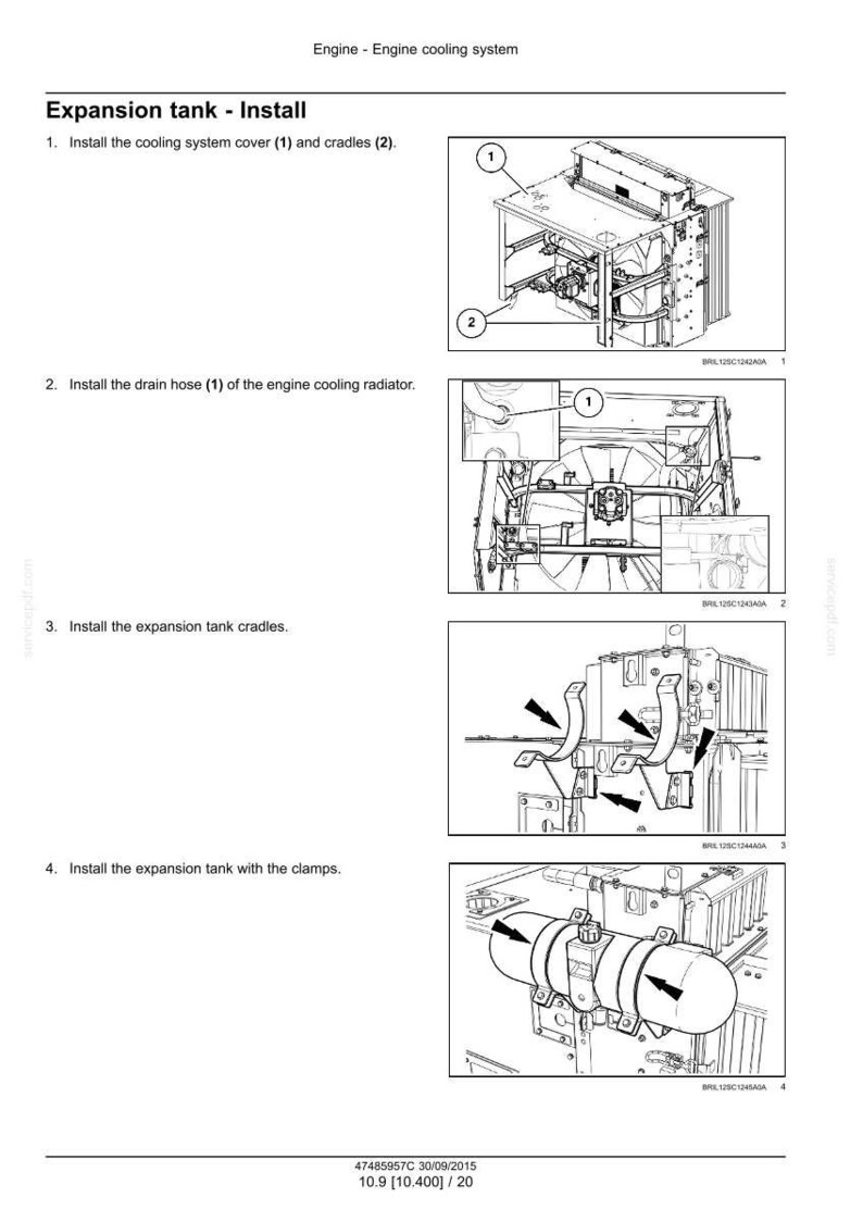 May include: Diagram of an engine cooling system expansion tank installation. The image shows step-by-step instructions with illustrations, including installing the cover, drain hose, cradles, and tank with clamps. Text includes "Expansion tank - Install".