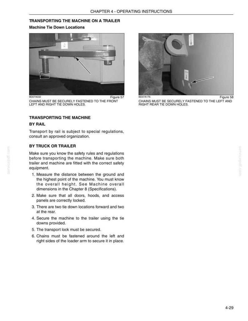 May include: Diagrams illustrating machine tie-down locations on a trailer. The images show details of the machine's structure with arrows pointing to tie-down holes. Text provides instructions for securing the machine for transport by rail or truck.