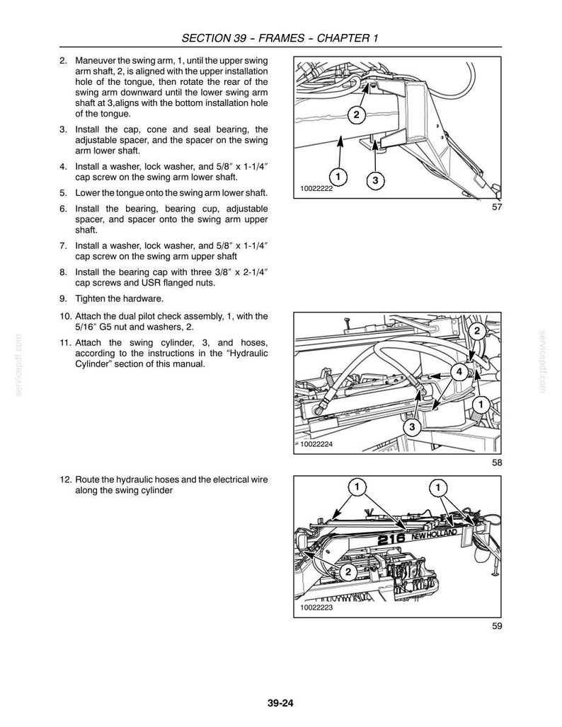 Puede incluir: Una p&aacute;gina de manual t&eacute;cnico titulada SECTION 39 - FRAMES - CHAPTER 1, que presenta dibujos lineales en blanco y negro de componentes de maquinaria con etiquetas numeradas, texto instructivo y el texto 216 NEW HOLLAND en una pieza mec&aacute;nica.