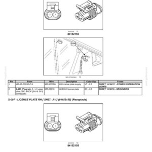 May include: Diagram of electrical connectors and wiring schematics for license plate lights. Includes detailed views of connectors, wiring diagrams, and component locations. Text includes part numbers and specifications.
