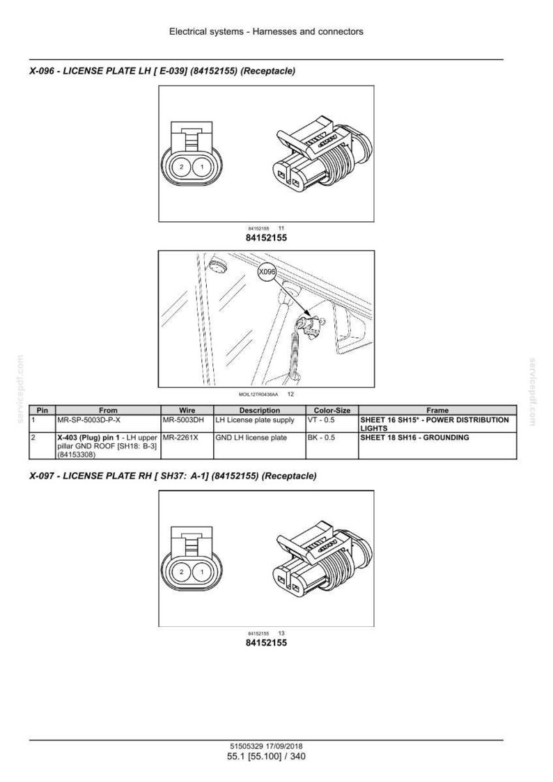 May include: Diagram of electrical connectors and wiring schematics for license plate lights. Includes detailed views of connectors, wiring diagrams, and component locations. Text includes part numbers and specifications.