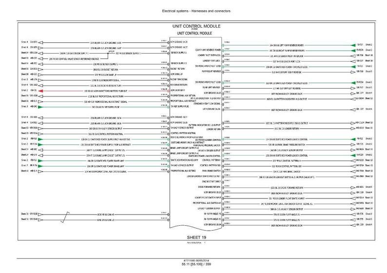 Op de afbeelding: Diagram van een unit control module, met elektrische systemen, kabelbomen en connectoren. Het diagram bevat tekstlabels en lijnen die verschillende componenten verbinden. Bladnummer 19.