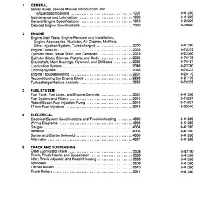 Puede incluir: Tabla de contenidos para orugas 1150D/1155D. El documento enumera secciones sobre General, Motor, Sistema de combustible, El&eacute;ctrico y Cadena y suspensi&oacute;n. Incluye n&uacute;meros de secci&oacute;n y de formulario.