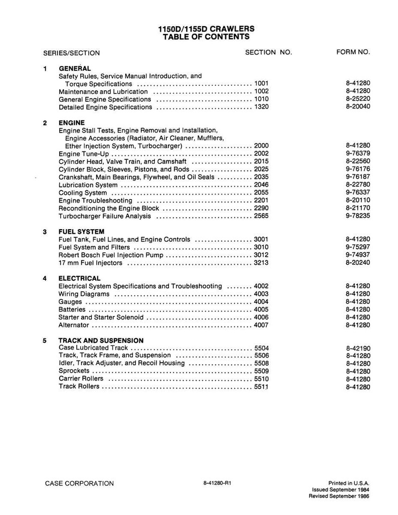 Puede incluir: Tabla de contenidos para orugas 1150D/1155D. El documento enumera secciones sobre General, Motor, Sistema de combustible, El&eacute;ctrico y Cadena y suspensi&oacute;n. Incluye n&uacute;meros de secci&oacute;n y de formulario.