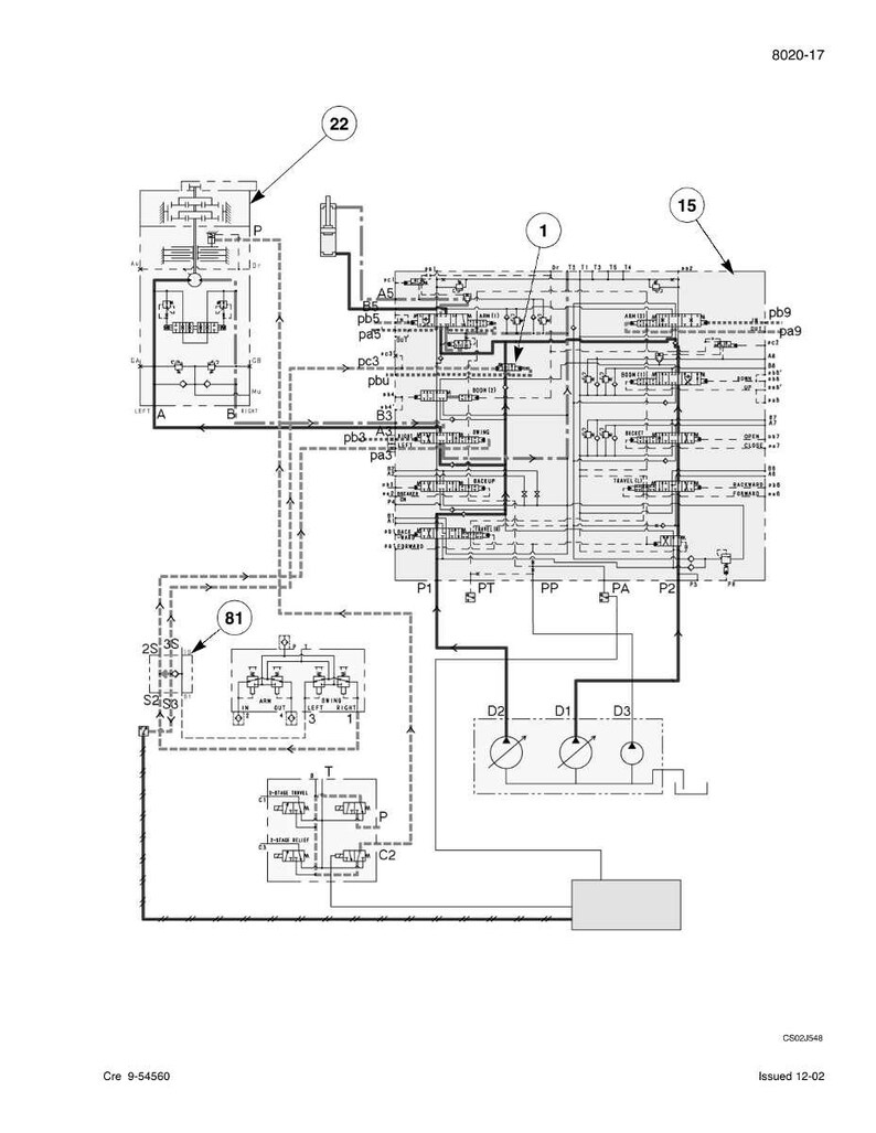 May include: A detailed technical diagram with various components and labels, including numbers 1, 15, 22, and 81. The diagram features lines, shapes, and text, with labels such as P1, PT, PP, PA, and P2. The document number is 8020-17.