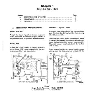 Op de afbeelding: Een technische tekening uit een handleiding met details van de componenten van een enkele koppeling. Het diagram bevat gelabelde onderdelen zoals de koppelingsdrukschijf, de koppelingsplaat en het vliegwiel. De tekst bevat "Deel 4 Koppelingen" en "Hoofdstuk 1 Enkele Koppeling."