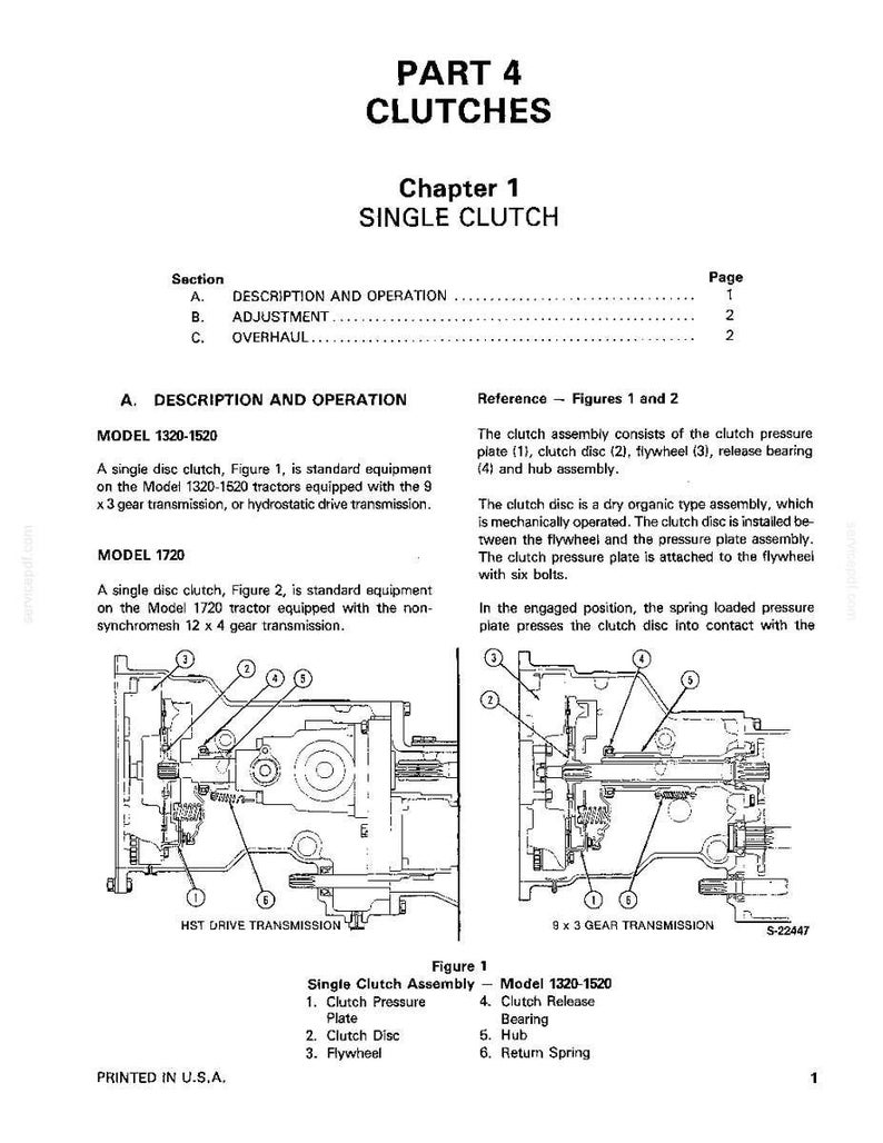 Op de afbeelding: Een technische tekening uit een handleiding met details van de componenten van een enkele koppeling. Het diagram bevat gelabelde onderdelen zoals de koppelingsdrukschijf, de koppelingsplaat en het vliegwiel. De tekst bevat "Deel 4 Koppelingen" en "Hoofdstuk 1 Enkele Koppeling."