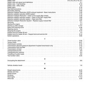 May include: A detailed index page from a manual, featuring a table of contents with various sections and page numbers. Topics include safety rules, engine servicing, and vehicle components.