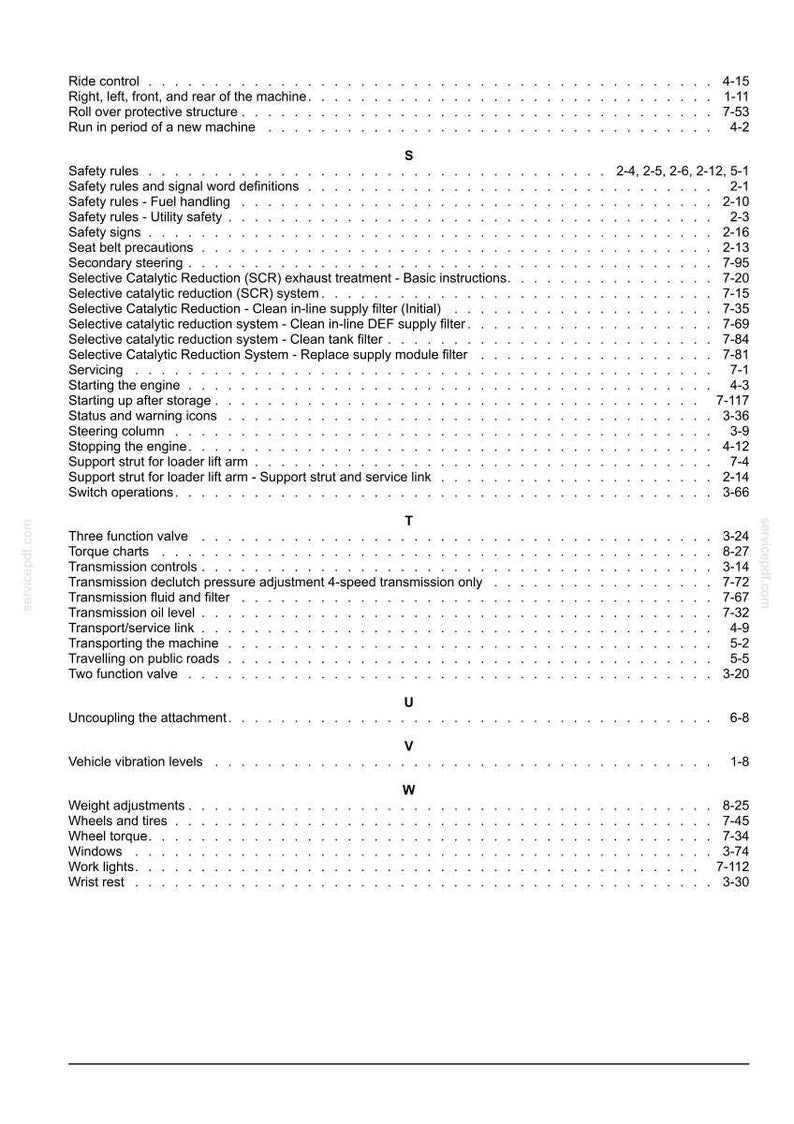 May include: A detailed index page from a manual, featuring a table of contents with various sections and page numbers. Topics include safety rules, engine servicing, and vehicle components.