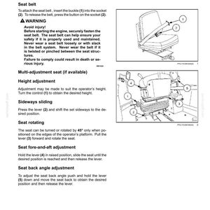 May include: Diagram of an operator's seat with adjustment instructions. Includes seat belt instructions, height adjustment, sideways sliding, seat rotating, and fore-and-aft adjustment. Features numbered diagrams for each adjustment.