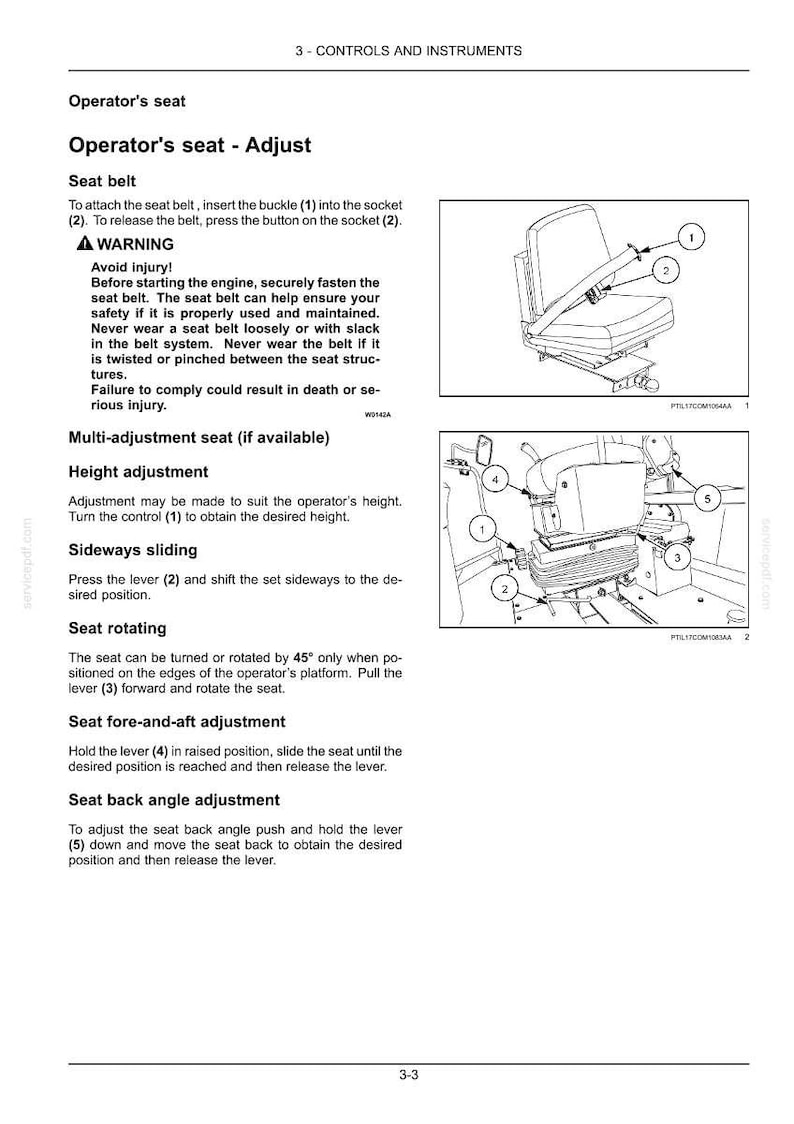 May include: Diagram of an operator's seat with adjustment instructions. Includes seat belt instructions, height adjustment, sideways sliding, seat rotating, and fore-and-aft adjustment. Features numbered diagrams for each adjustment.