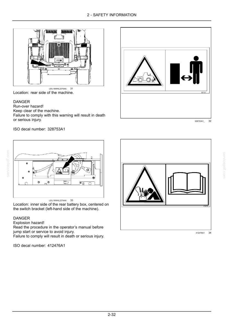 May include: A page from a manual with safety information. It includes diagrams and warning symbols, such as a forklift, a person, and an explosion hazard. Text includes "Run-over hazard!" and "Explosion hazard!"