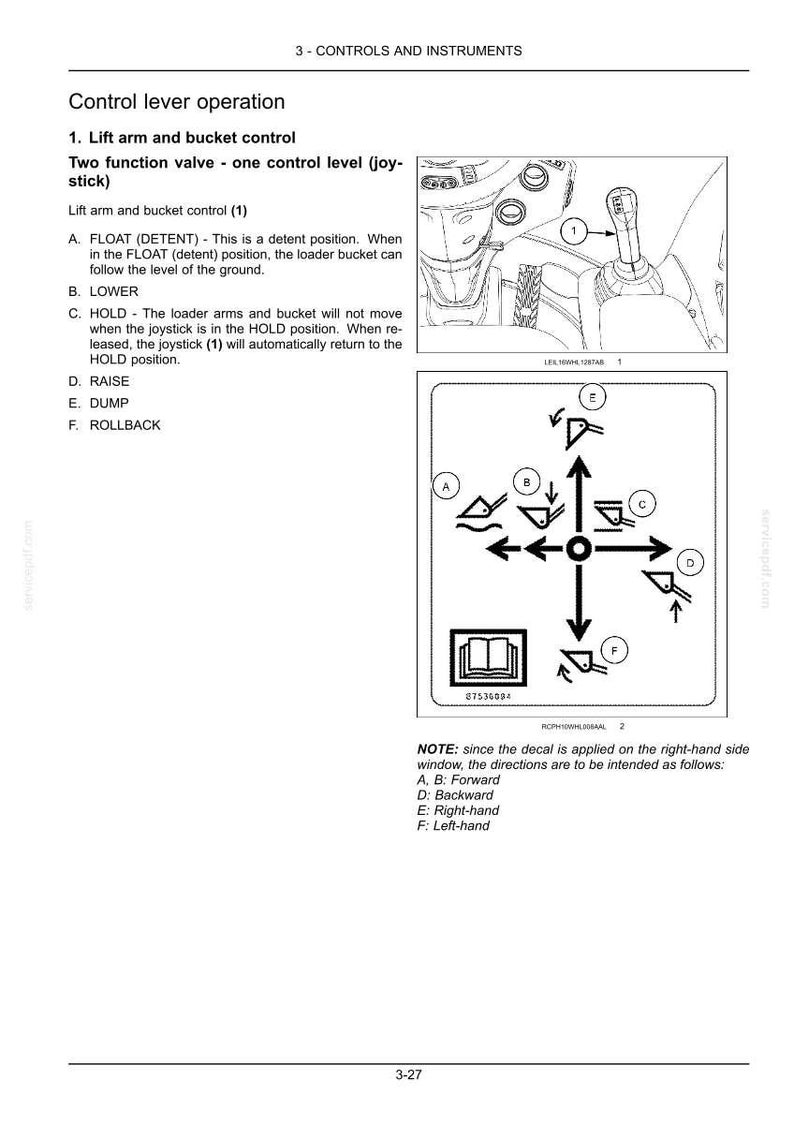 May include: A technical manual page titled 3-CONTROLS AND INSTRUMENTS showing a diagram of a joystick control lever for a loader bucket. The graphic illustrates six directional movements labeled A through F, with text explaining lift arm and bucket control functions including float, lower, hold, raise, dump, and rollback.