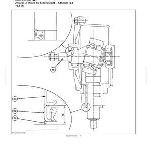 May include: A technical line drawing illustrating the assembly of a mechanical component, featuring an input shaft labeled 18, needle bearings labeled 23, and a seal labeled 22. A detail view shows distance X between 6.85 - 7.85 mm (0.3 - 0.3 in).