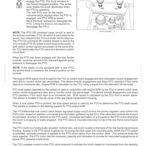 K&ouml;nnte beinhalten: Diagramm eines Traktorkontrollfelds mit zwei gelben Kn&ouml;pfen mit der Aufschrift "Power Take-Off (PTO)". Text erkl&auml;rt den PTO-Betrieb, einschlie&szlig;lich Ein- und Auskuppeln sowie zugeh&ouml;rige Systemfunktionen. Das Bild ist eine technische Zeichnung.