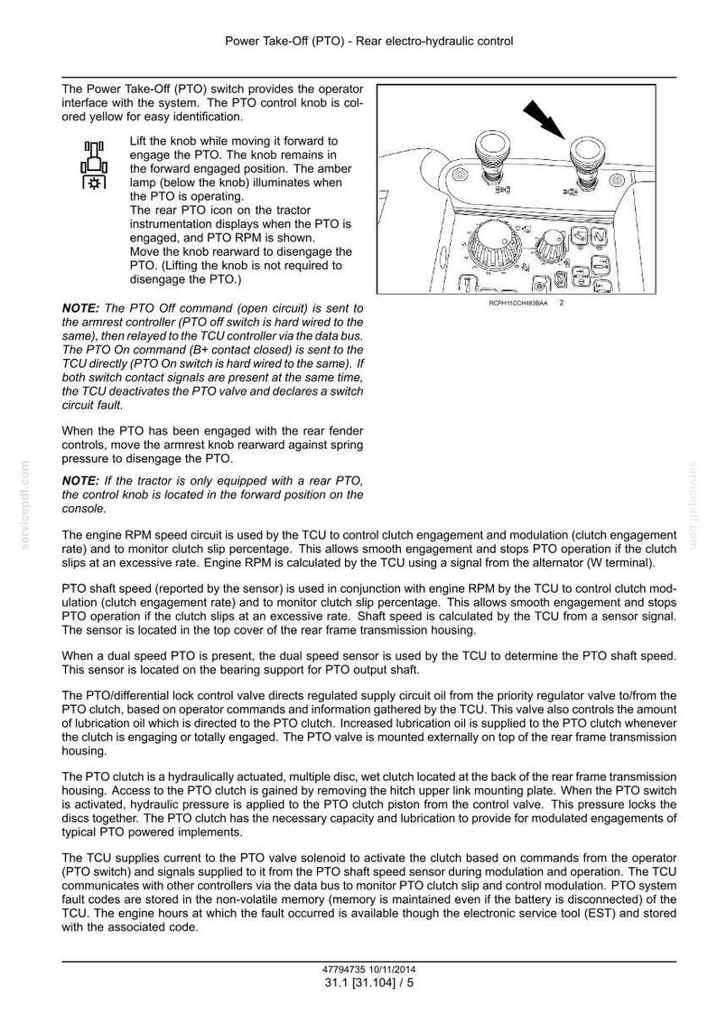 K&ouml;nnte beinhalten: Diagramm eines Traktorkontrollfelds mit zwei gelben Kn&ouml;pfen mit der Aufschrift "Power Take-Off (PTO)". Text erkl&auml;rt den PTO-Betrieb, einschlie&szlig;lich Ein- und Auskuppeln sowie zugeh&ouml;rige Systemfunktionen. Das Bild ist eine technische Zeichnung.