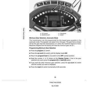 May include: A grayscale image of a transmission display center with multiple buttons labeled A, B, C, and D. The display shows numbers and symbols. Text includes "Transmission Display Center" and instructions for gear selection.