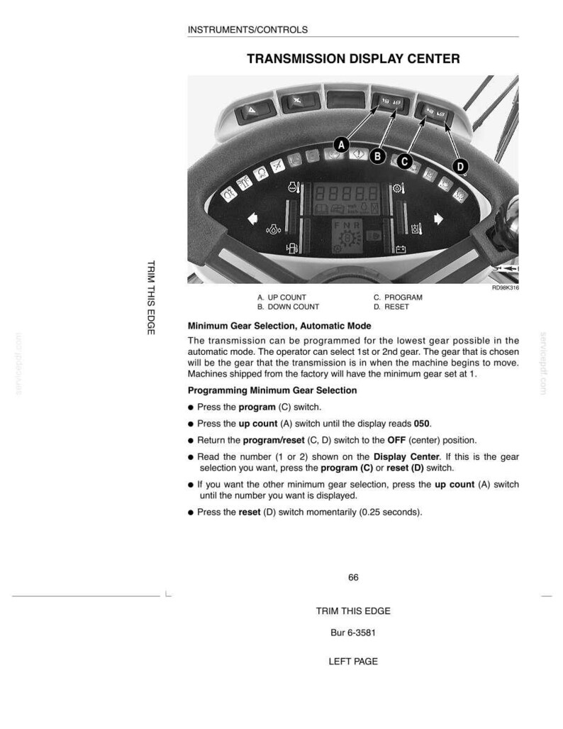 May include: A grayscale image of a transmission display center with multiple buttons labeled A, B, C, and D. The display shows numbers and symbols. Text includes "Transmission Display Center" and instructions for gear selection.