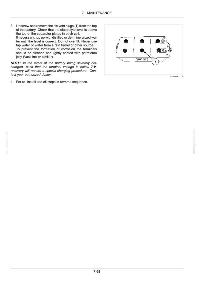 May include: A technical manual page titled 7 - MAINTENANCE featuring a black and white line drawing of a rectangular battery with six circular vent plugs on top, labeled with the number 1, and text instructions for battery maintenance.