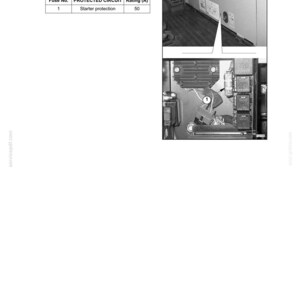 May include: Diagram of an electrical system with a table listing fuses in the battery bay. The table shows fuse number 1 for starter protection rated at 50 amps. The image also includes a close-up of the electrical components.