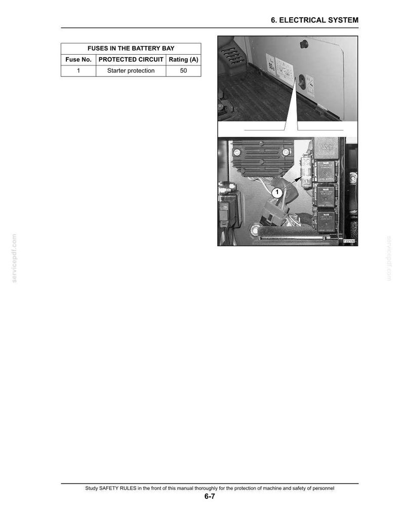 May include: Diagram of an electrical system with a table listing fuses in the battery bay. The table shows fuse number 1 for starter protection rated at 50 amps. The image also includes a close-up of the electrical components.