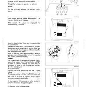 May include: A technical manual page titled Operational Use detailing oil flux control for electrical remote valves. It features diagrams of control panels, digital screens with numerical indicators, and a finger wheel controller with numbered labels.